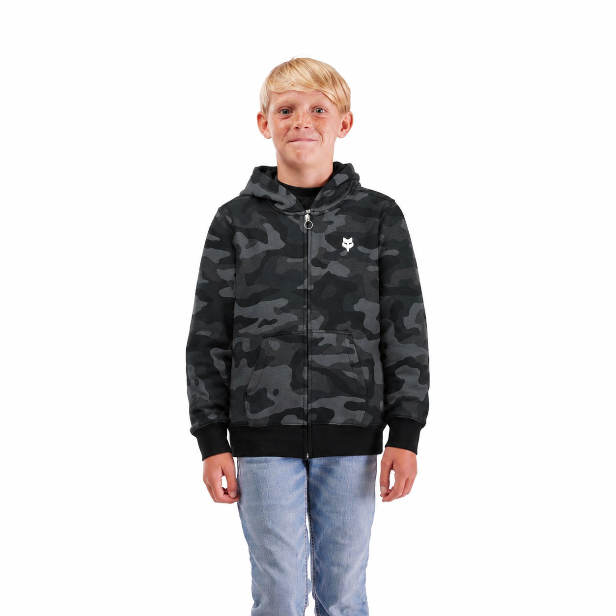 OTROŠKI KAMO ZIP PULOVER S KAPUCO FOX HEAD-Black camo-S