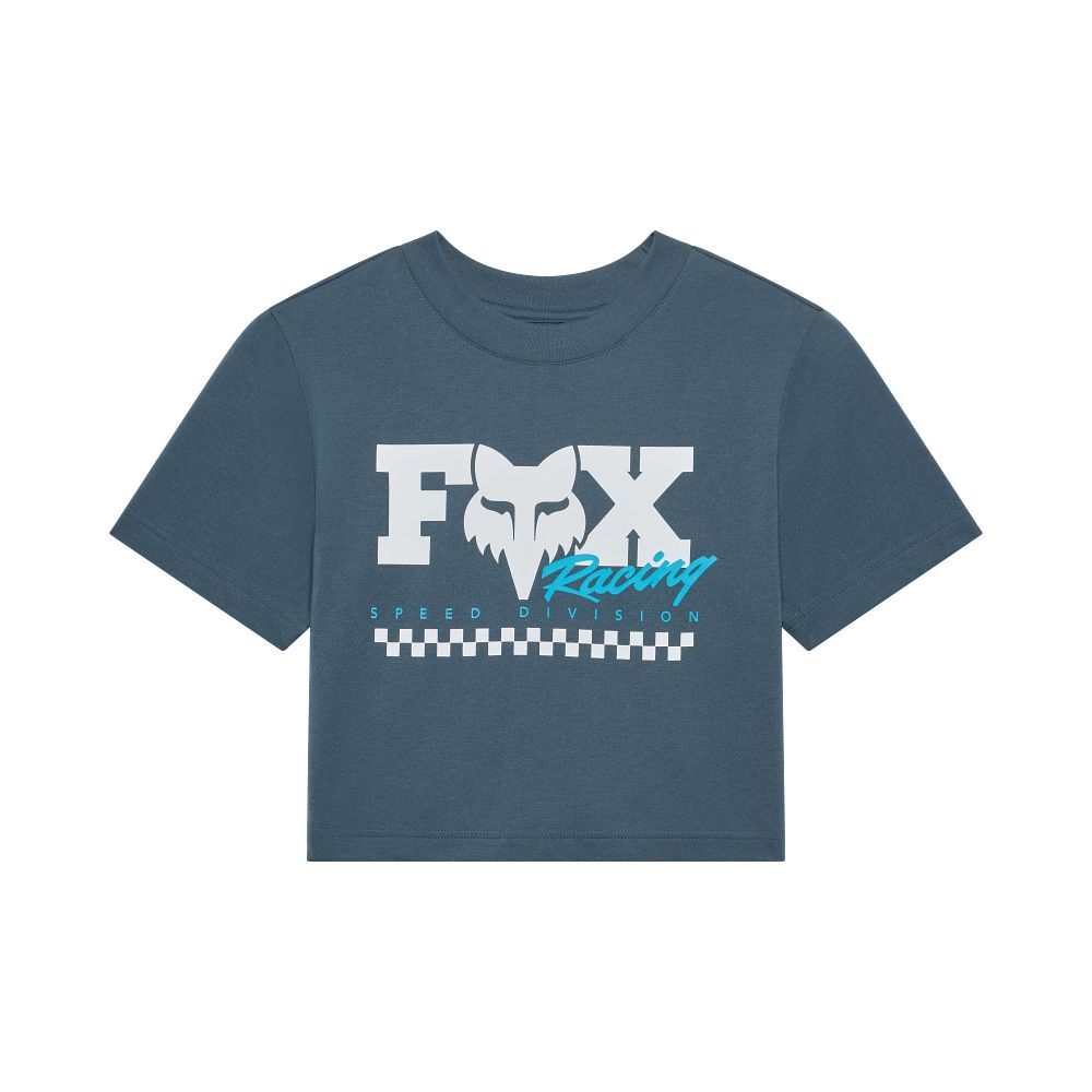 FOX CHECKER Crop Short Sleeve Top-Blue-S