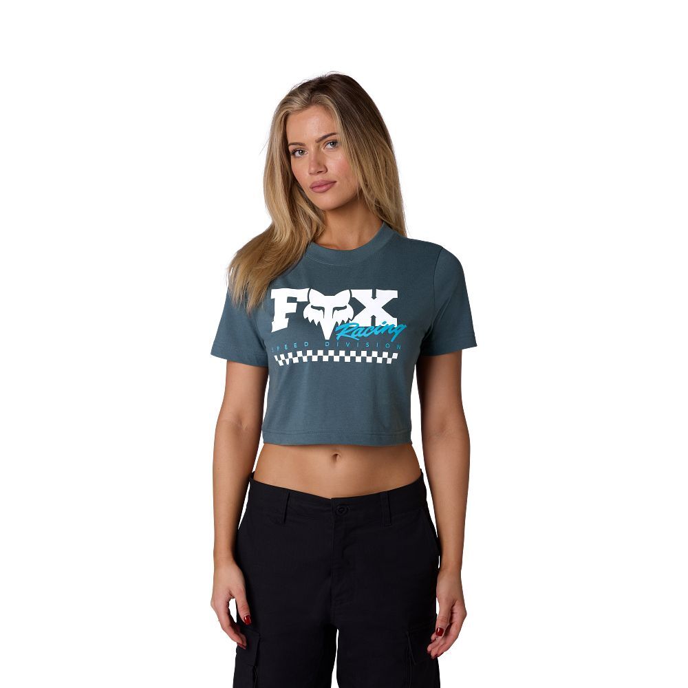 FOX CHECKER Crop Short Sleeve Top-Blue-S